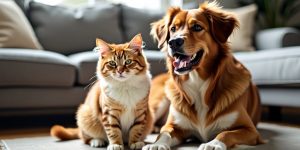 Cat and dog peacefully coexisting in a living room.